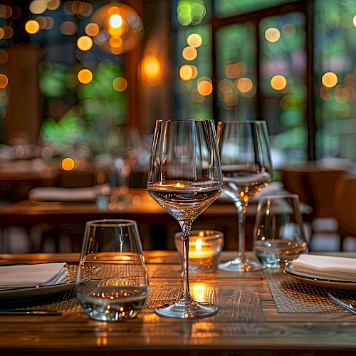 A dimly lit restaurant table set with wine glasses, candles, plates, and cutlery; warm bokeh lights glow in the background.