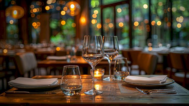 A dimly lit restaurant table set with wine glasses, candles, plates, and cutlery; warm bokeh lights glow in the background.